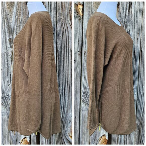 Brown Side Zip Sweater MMK Size Large Hi Low Round Hem Knit Top L Michael Kors - Picture 2 of 9